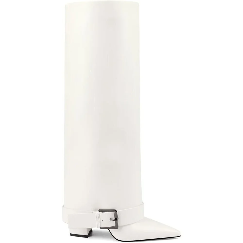 Women's White Suede Wide Calf Pointed Toe Belt Buckle Knee High Fall Long Boot